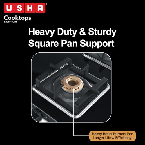 Image of USHA Ebony Slim 3 burner (EBSL3SGC) with stainless steel body, glass cooktop, large space for parallel cooking, square pan support and integrated drip tray