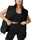 Watashi Women's Quilted Puffer Vest Stand Collar Fall Drawstring Zip Up Sleeveless Gilet Jacket(Blac
