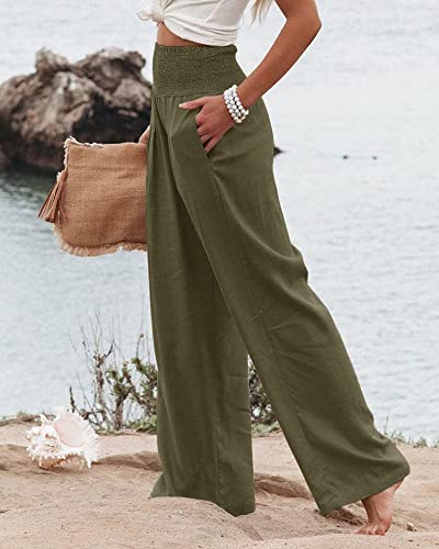 Women Linen Pants Elastic High Waist Wide Leg Palazzo Lounge Pants Casual Loose Beach Pants With Pockets (M, Armygreen) #TOP2