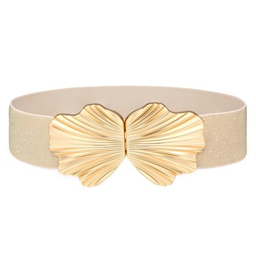 XZQTIVE Women’s Wide Elastic Waist Belt for Dresses – Vintage Shell Gold Buckle Stretch Cinch Belt for Summer Dresses,Boho & Vacation Outfits