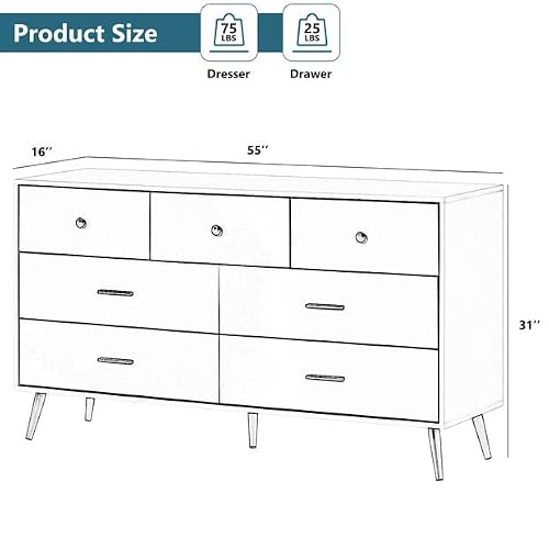 Fushimuma White Dresser For Bedroom, 7 Drawer Dresser, Wood Chest Of Drawers With Gold Handles, Modern Dressers & Chests Of Drawers For Kids Bedroom, Living Room, Hallway #TOP1