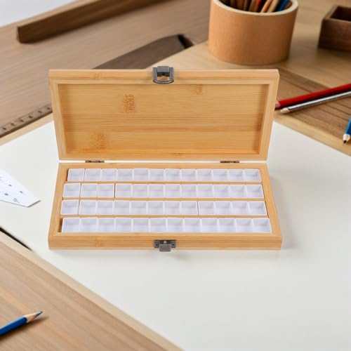 Caja de pintura portátil de bambú con 48 compartimentos y tapa rectangular 7