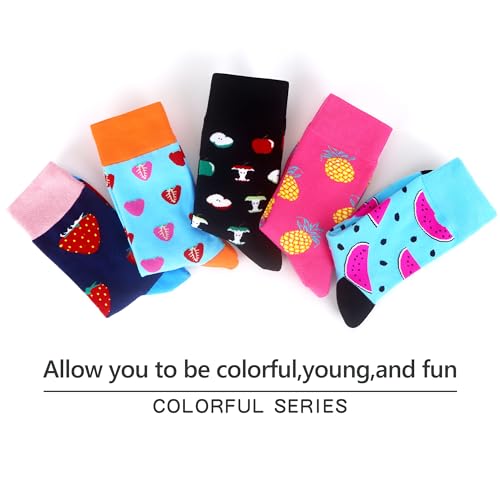 WeciBor Meias femininas engraçadas coloridas de algodão penteado, 5 pares, Azul/Vermelho/Rosa/Preto/