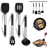 HSYTEK 4 Stück Küchenhelfer Set, Silikon Küchenutensilien Kochlöffel Set mit Edelstahlgriff, Antihaft Hitzebeständiger Kochutensilien für Kochen, Drehen, Servieren Spaghetti, Suppe, Sauce (Schwarz)
