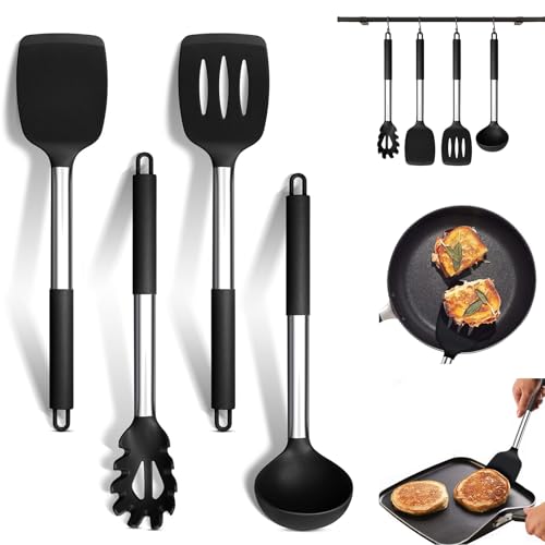 HSYTEK Lot de 4 ustensiles de cuisine en silicone avec poignée en acier inoxydable - Antiadhésifs et résistants à la chaleur - Pour cuisiner, tourner, servir des spaghettis, soupe, sauce (noir)