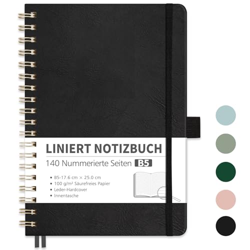 RETTACY Bloc de notas B5 a rayas, Bullet Journal con papel grueso de 100 g/m², 70 hojas/140 páginas numeradas, cuaderno universitario para oficina y escuela, funda de piel, color negro, 17,6 cm x 25