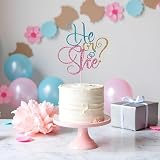 Kaoenla He Or She Cake Topper - Blue and Pink Glitter Baby Shower, Gender Reveal, Boy or Girl Happy Birthday Party Decoration (Blue and Pink)