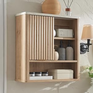 RedLemon Bathroom Wall Cabinet w/Fluted Sliding Door, Modern Medicine Cabinet w/Faux Marble Top & Adjustable Shelf, Curved Profile Wall Mounted Storage Organizer, Natural Oak Color