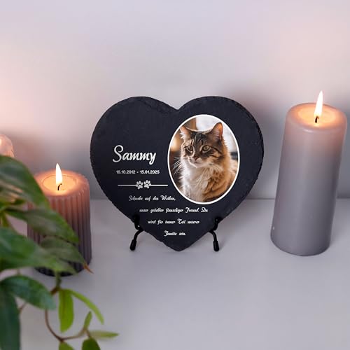 LAUBLUST Personalisierte Herzform Grabplatte mit Name & Foto als Grabschmuck für Hund, Katze & andere Haustiere - Pfoten, 3 Größen | Schieferplatte mit Gravur als Tiergrabstein Deko & Tiere Grabtafel