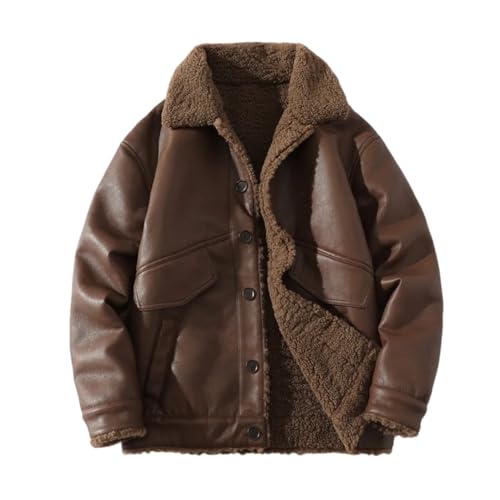 Veste en daim homme avec fourrure d'agneau chaude et col rabattable marron café pour l'hiver
