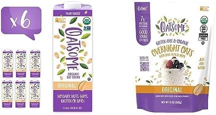 Bundle of Oatsome Organic Oat Milk, 1-Liter Cartons, 6 Count, Regular, 202.86 Fl Oz + Oatsome Organic Overnight Oats with Chia, Flax, & Hemp, Gluten-Free Oatmeal with 7g of Protein, 12oz Bag