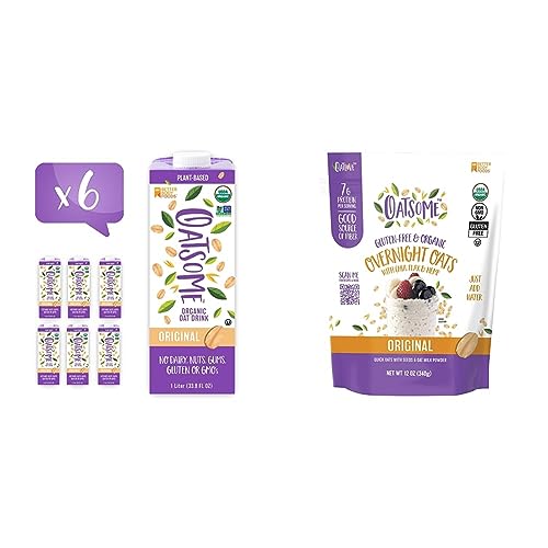 Bundle of Oatsome Organic Oat Milk, 1-Liter Cartons, 6 Count, Regular, 202.86 Fl Oz + Oatsome Organic Overnight Oats with Chia, Flax, & Hemp, Gluten-Free Oatmeal with 7g of Protein, 12oz Bag image 2