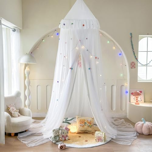Bed Canopy for Girls with Star Lights, Round Dome Pincess Canopy Bed Curtains , Elegant Double Layer Mosquito Net, Girls Play Tent, Kids Reading Nook Canopies, Dreamy Bedding for Girls Room Decor