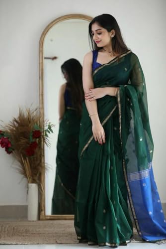 Image of Women's Cotton Woven Soft Sarees With Attach Blouse Piece.