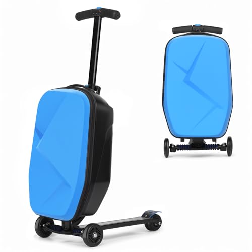 Image of smilesun Scooter Luggage For Kids & Adults， Hardside Ride On Suitcase For Kids Ages 4-15 Multifunctional Lightweight Foldable Carry On Luggage With Wheels Ride On For Children Teenagers（Light Blue）