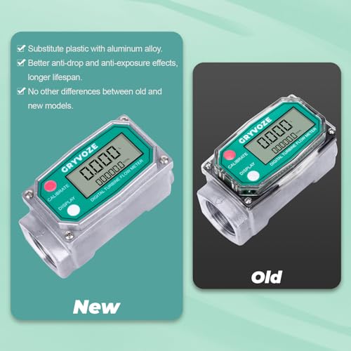 1 Inch Digital Fuel Flow Meter, 2.6-26 GPM Inline NPT Turbine Flowmeter with 3/4 in Adapters for Water, Diesel, Gas Oil, Gasoline, and Other Liquids - Supports Gallon, QTS, PTS, L, m³