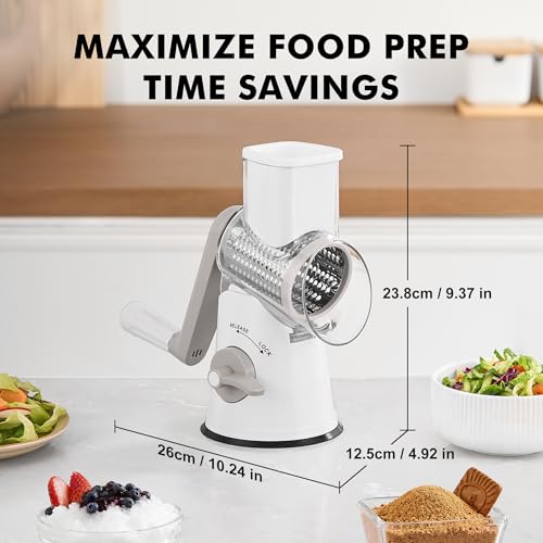 Image of GDL Cheese Grater Hand Crank - Upgraded 6-in-1 Cheese Grater with Handle and Strong Suction Base, Multi-purpose Cheese Shredder Vegetable Slicer Ice Shaver for Potato, Vegetables, Nuts, Chocolate