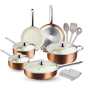 FRUITEAM 13-Piece Cookware Set Non-stick Ceramic Coating Cooking Set, Induction Pots Pans Set with Lids, Heavy Duty Stainless Steel Handles, Induction, Oven, Gas, Stovetops Compatible for Family Meals