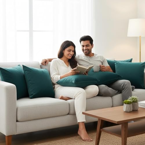 Image of HOMEMONDE Velvet Cushion Covers Set of 5-16x16 Inch Decorative Pillow Cover for Sofa, Couch, Chair, Rama Green