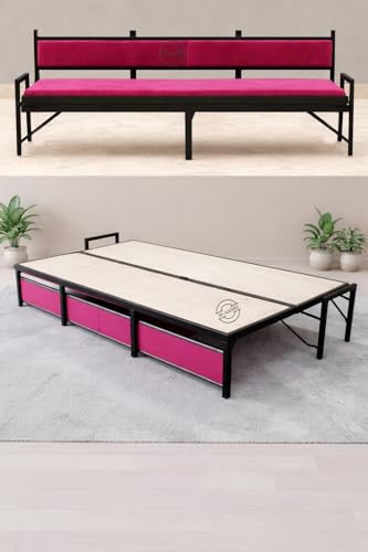 Image of Metal Frame Convertible Bed Cum Sofa, Bed(6x4 Feet), Sofa(3 Seater), Pink and Black, Space Saving Furniture | BED CUM SOFA