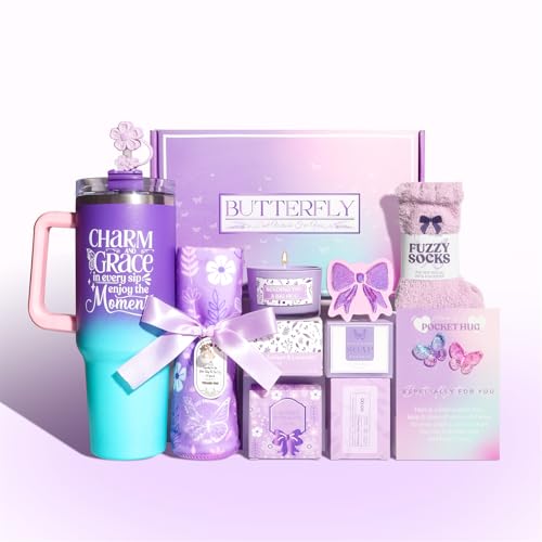Birthday Gifts for Women - Purple Spa Gift Box Set with 40oz Tumbler, Lavender Candle, Bath Accessories - Ideal for Mum, Best Friend, Girlfriend, Wife(Purple)