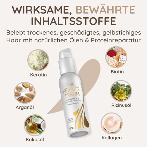 Foto von Vitamins Haar Serum Keratin Haarpflege - Biotin, Kollagen und Castor Oil Anti Frizz Haarserum - Kokosöl Hitzeschutz Finish Protein Treatment für kaputte trockene Haare