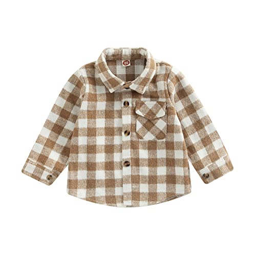Kids Casual Brushed Flannel Shacket Long Sleeve Button Down Plaid Shirt Tops Toddler Cute Jackets (6-12 Months,Khaki Yellow)