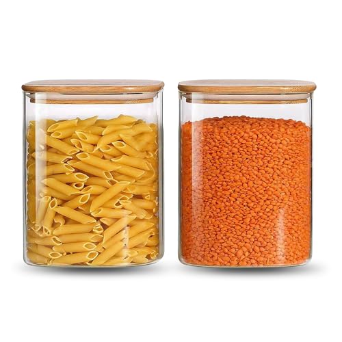 Image of Airtight Square Glass Storage Jar with Bamboo Lid, 750ml Multipurpose Kitchen Container for Coffee, Tea, Sugar, Masala, Spices & Dry Fruits | Modern Transparent Pantry Organizer (Pack of 2)