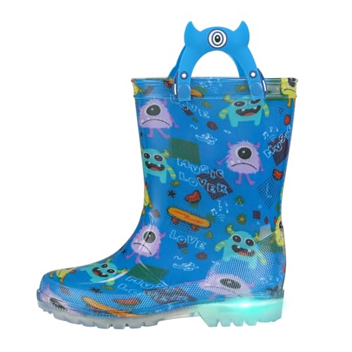 JSLOVE Toddler-Kids Light Up Rain Boots, Printed 100% Waterproof Glitter Rain Boots with Easy On Handles for Girls and Boys, Mud Lightweight Adorable with Non-Slip Sole