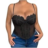 Plus Size Corset Top for Women Going Out Lace Mesh Boned Bustier Adjustable Spaghetti Strap Party Club Y2K Crop Camisole Black