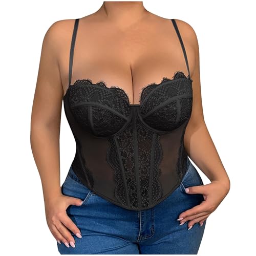 Plus Size Corset Top for Women Going Out Lace Mesh Boned Bustier Adjustable Spaghetti Strap Party Club Y2K Crop Camisole Black