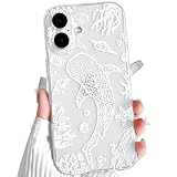 NITITOP Compatible with iPhone 16 Case Clear Cute Shell Whale Sea Ocean Animal Pattern for Women Girls Full Camera Lens Slim Shockproof Protective Phone Cover - White Fish