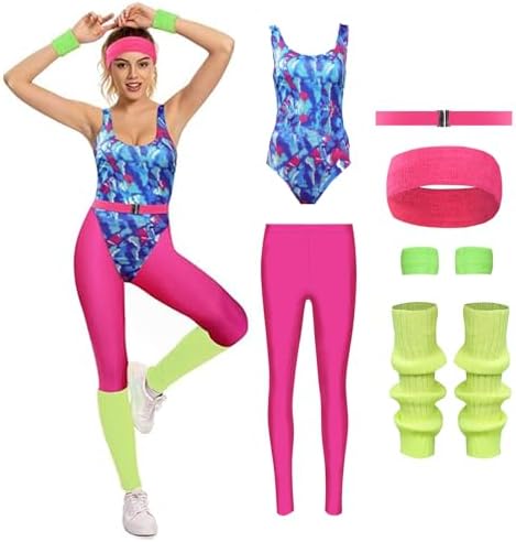 Cyborey 80er Jahre Fitness Kostüm Damen Rretro Trainingsanzug | Jumpsuit Yoga Hose mit Zubehör Party Kostüm Set