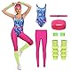 Cyborey 80er Jahre Fitness Kostüm Damen Rretro Trainingsanzug Jumpsuit Yoga Hose mit Zubehör Party Kostüm Set
