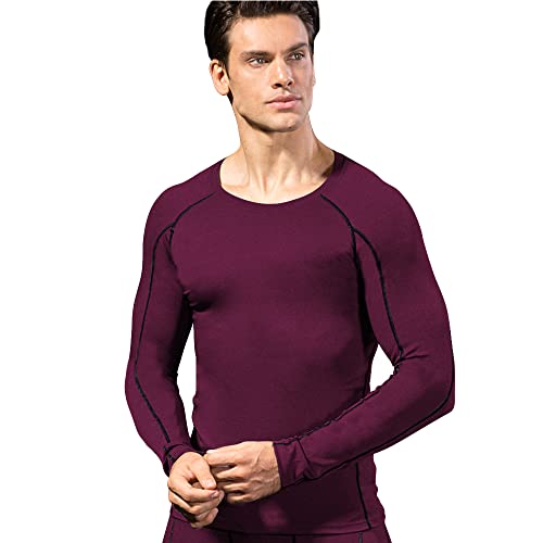 Eargfm Men's Long Sleeve Compression Shirt Workout Running, Quick Dry Athletic Base Layer Active Sports T-Shirt Wine Red #TOP2