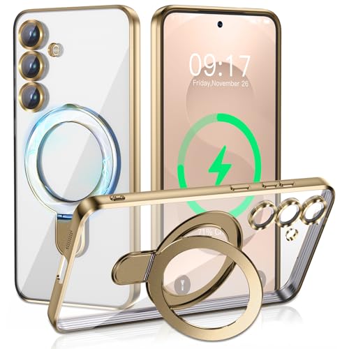 Image of Magnetic Stand & Full Camera Lens Protector Case for Samsung Galaxy S25 Plus [Compatible with MagSafe][Military Drop Protective]Not Yellowing Clear Slim Soft S25 Plus Phone Case for Women Men,Gold