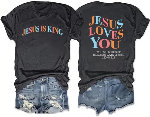 Christian Shirts for Women Jesus Loves You Faith Shirt Religious Graphic Tees Bible Verse Inspirational Tee Dark Gray