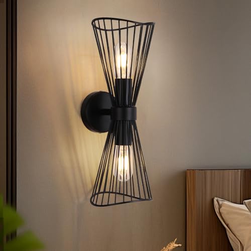 Image of Black 2-Light Vanity Wall Sconce Farmhouse Light Fixtures Over Mirror Modern Up and Down Sconces Large Wall Light Hardwired Wall Lamp for Hallway Bedroom Kitchen Bathroom