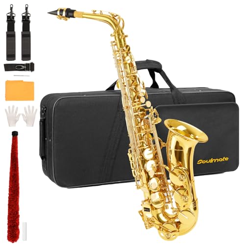 Soulmate Alto Saxophone, E-Flat Gold Lacquer Saxophone for Professional, Beginner & Students Full Kit with Carrying Case, Mouthpiece, Straps, Reeds, Cloths
