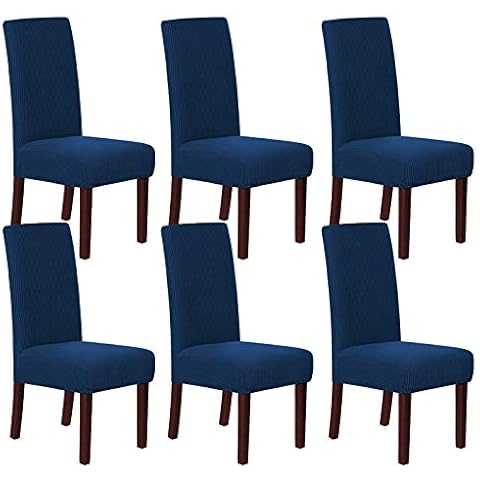 H.Versailtex 6 Pack High Stretch Rich Jacquard Dinning Chair Cover High Spandex Lycra Protector Seat Machine Washable/Skid Resistance Chair Covers, Navy Cover