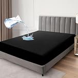 Waterproof Fitted Sheet Mattress Protector, Microfiber, Breathable Crinkle Free Deep Pocket 30cm Single Double King Super King (Black, Single)