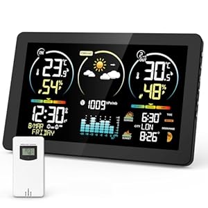Weerstation met buitensensor, digitale draadloze thermometer met kleurendisplay, temperatuur- en luchtvochtigheidsweergave, weersvoorspelling met instelbare achtergrondverlichting en kalender, zwart
