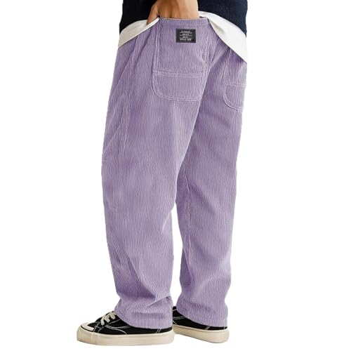 Men's Loose Corduroy Ribbed Embroidered Wide Leg Drawstring Sweatpants Trousers, Casual Loose Ribbed Pocket