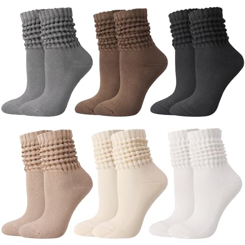 Jspupifip 6 Pairs Slouch Socks for Woman Scrunch Socks Knit Mid Calf Rib Tube Scrunchy Slouchy Retro Trendy Crew Socks