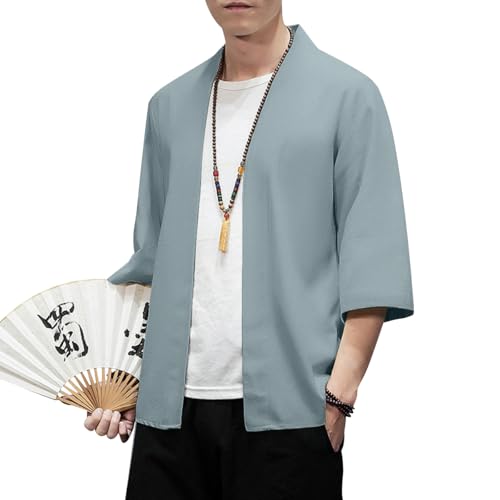 Image of PRIJOUHE Men's Kimono Jackets Cardigan Lightweight Casual Cotton Blends Linen Seven Sleeves Open Front Coat Outwear