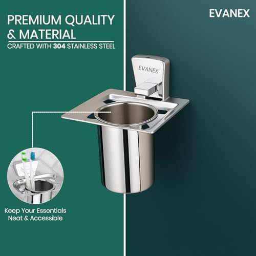 Image of EVANEX Wall-Mounted Tooth Brush Holder, 304 Grade Stainless Steel Tumbler Stand, Bathroom Organizer with Glossy & Chrome Finish Stand with Removable Cup (Selvi)