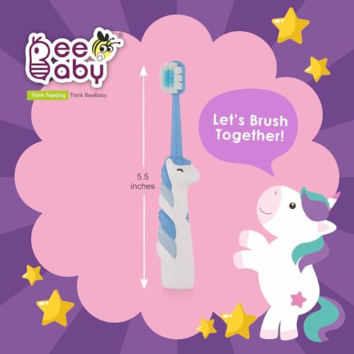 Image of BeeBaby Brush Buddy Baby Toothbrush for Kids 3-6 Years, Ultra Soft Tapered Bristles Toddler Toothbrush for Milk & Permanent Teeth, BPA Free Easy Grip Toothbrush for Sensitive Gums - Blue Unicorn