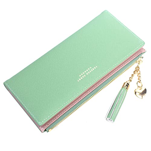 Image of SUMGOGO Wallets for Women Slim Clutch Purse Handbag Card Holder Womens Long Tassel Zipper Pocket Fashion Taiga Leather Billfold Wallet (Green)