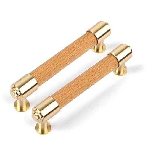 Guolich 2 Pcs Kitchen Drawer Handle Door Cabinet Pulls Brass+Beech Handle Modern White Hardware for Wardrobe Bathroom Dresse (Light Brown, 160MM)
