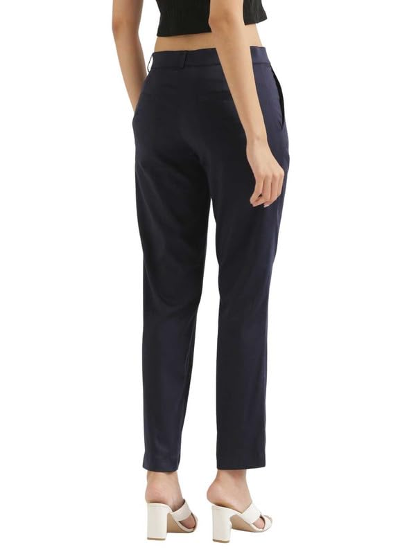 Image of SAADAA Women Pants Formal Straight Fit Cotton Satin Lycra Pant, Regular Fit Trouser for Office Work & Casual wear- Mid Rise, Elasticated Waistband, 4 Deep Pockets